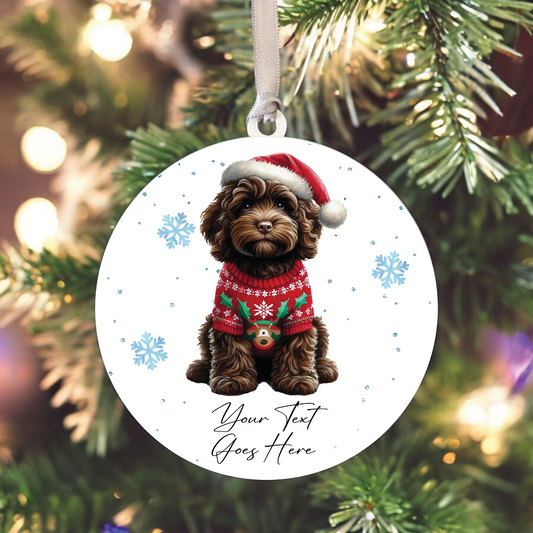 A Personalised Chocolate Cockapoo Christmas Jumper Dog Hanging Bauble Decoration