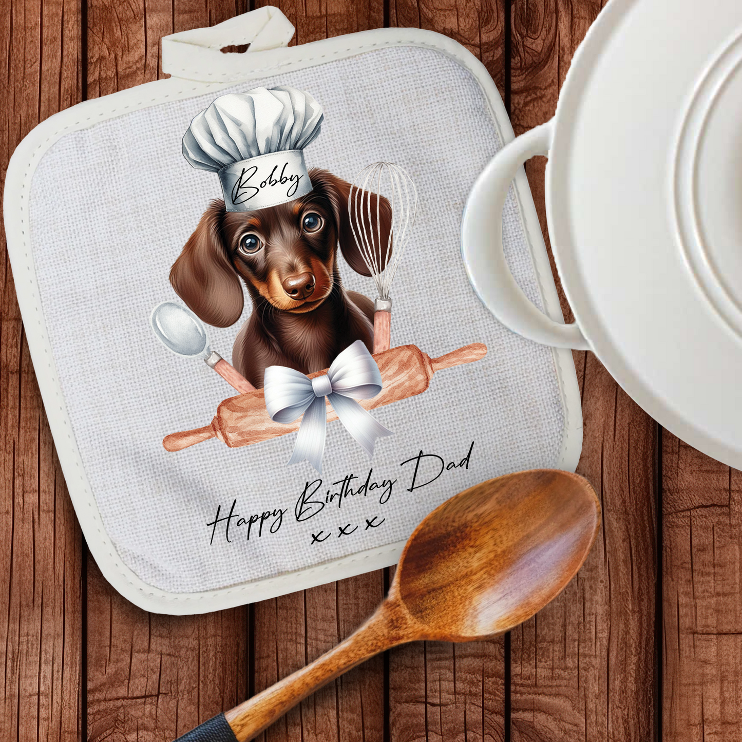 Personalised Dog In Chef Hat Gift Pot Holder / Grab - Chocolate Dachshund