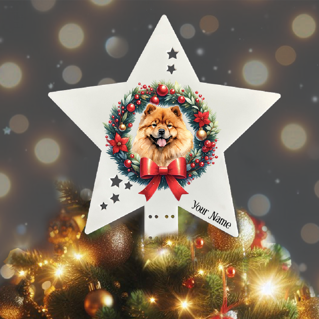 Personalised Pet Dog Chow Chow wreath Christmas Tree Topper - Keepsake Gift, by Floppsie Moppsie – floppsiemoppsie at floppsiemoppsie.co.uk