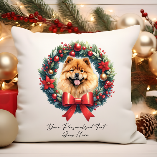 Personalised Chow Chow in a Christmas wreath - Keepsake Gift cushion, by Floppsie Moppsie – floppsiemoppsie at floppsiemoppsie.co.uk