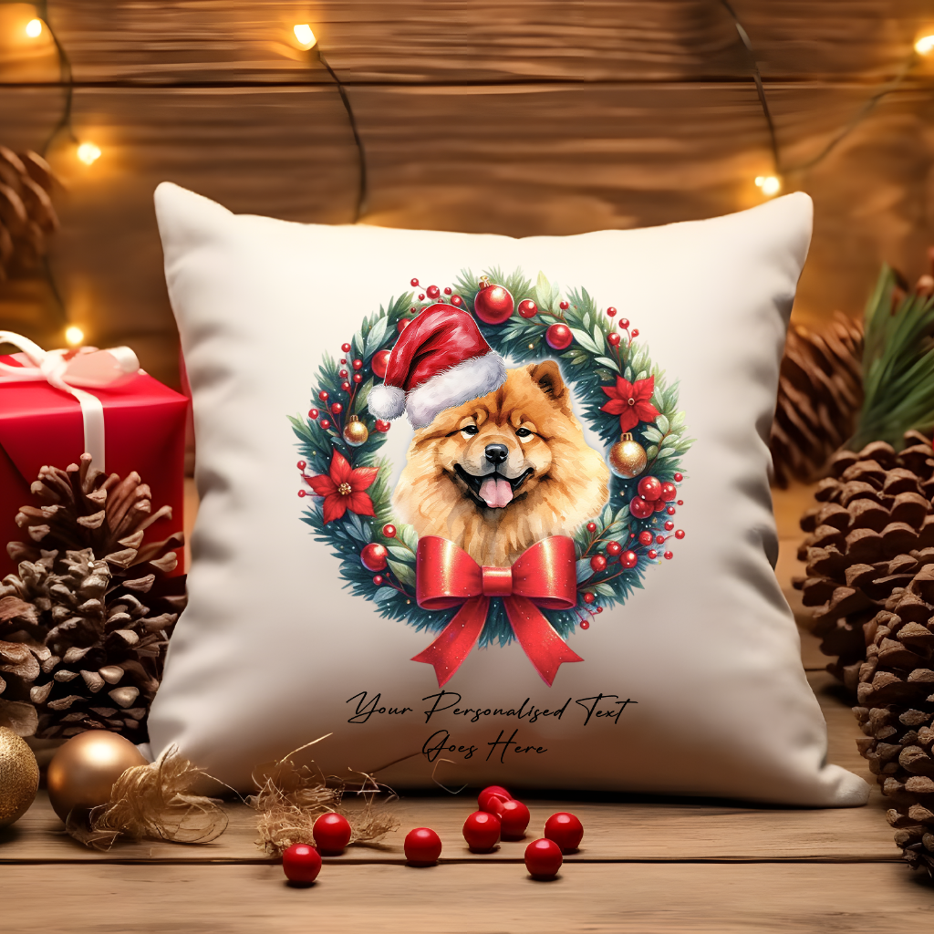 Personalised Chow Chow with Santa Hat in a Christmas wreath - Keepsake Gift cushion, by Floppsie Moppsie – floppsiemoppsie at floppsiemoppsie.co.uk