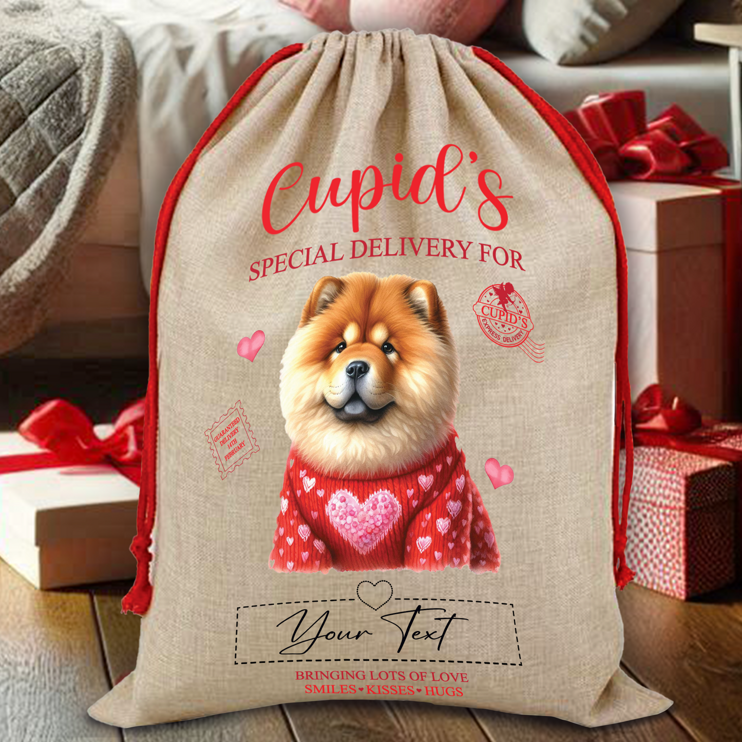 Personalised Dog Love Heart Valentine Anniversary Gift Sack - Chow Chow