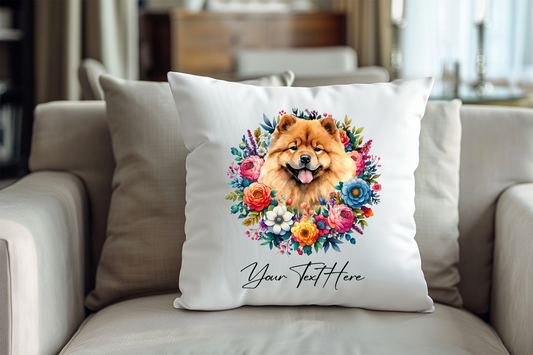 Personalised Floral Summer Pet Dog Wreath with Chow Chow - Keepsake Gift Cushion, by Floppsie Moppsie – floppsiemoppsie at floppsiemoppsie.co.uk