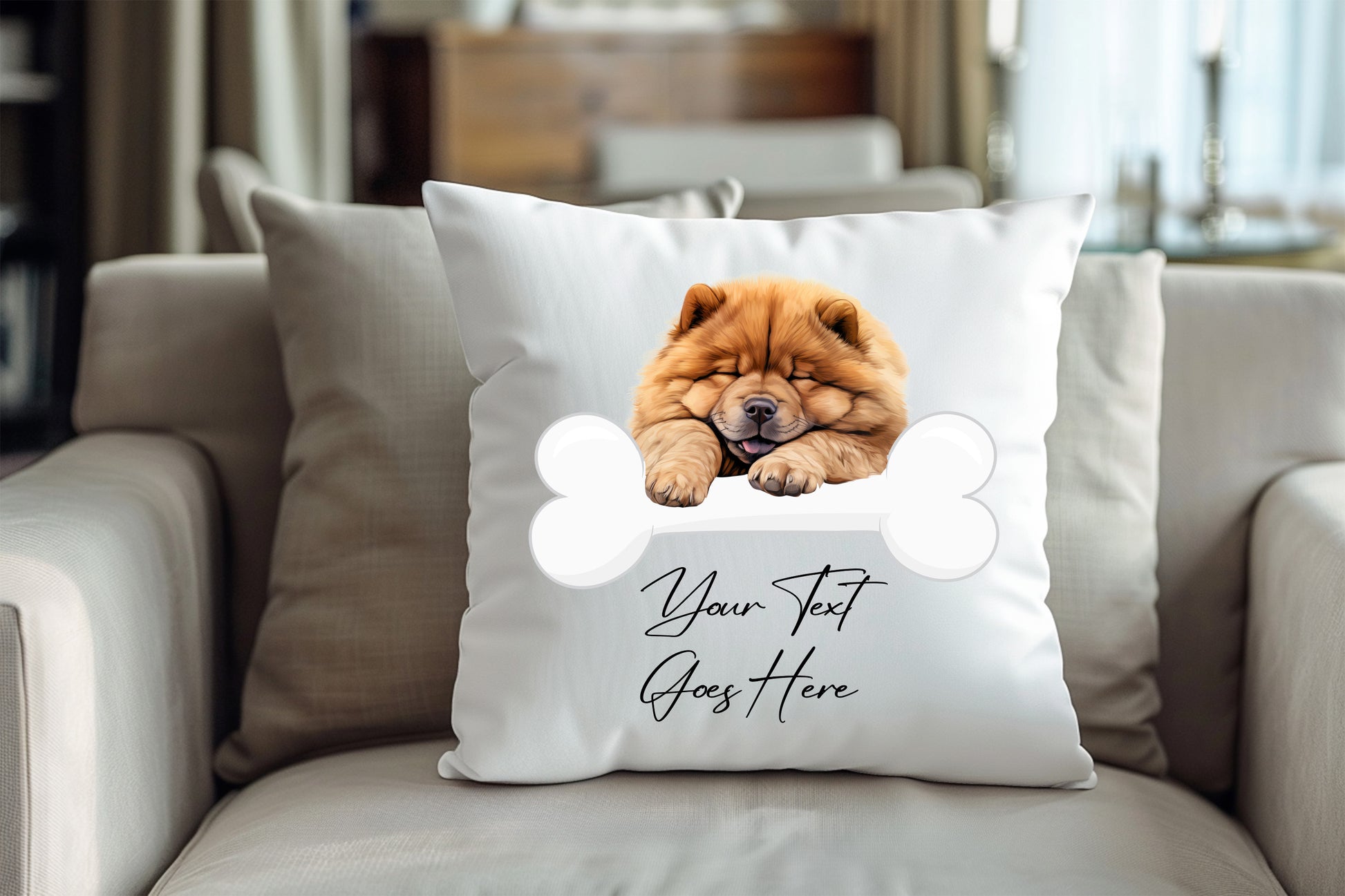 Personalised Chow Chow sleeping on a bone Pet Dog Keepsake Gift Cushion, by Floppsie Moppsie – floppsiemoppsie at floppsiemoppsie.co.uk