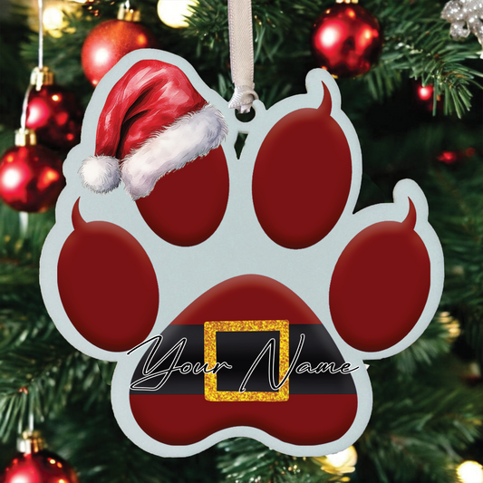 Personalised Christmas Cat Paw - Santa Theme - Hanging Bauble Decoration