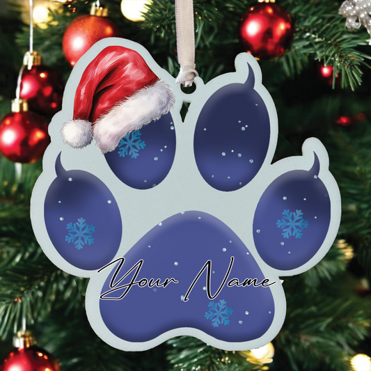 Personalised Christmas Cat Paw - Snow Theme - Hanging Bauble Decoration