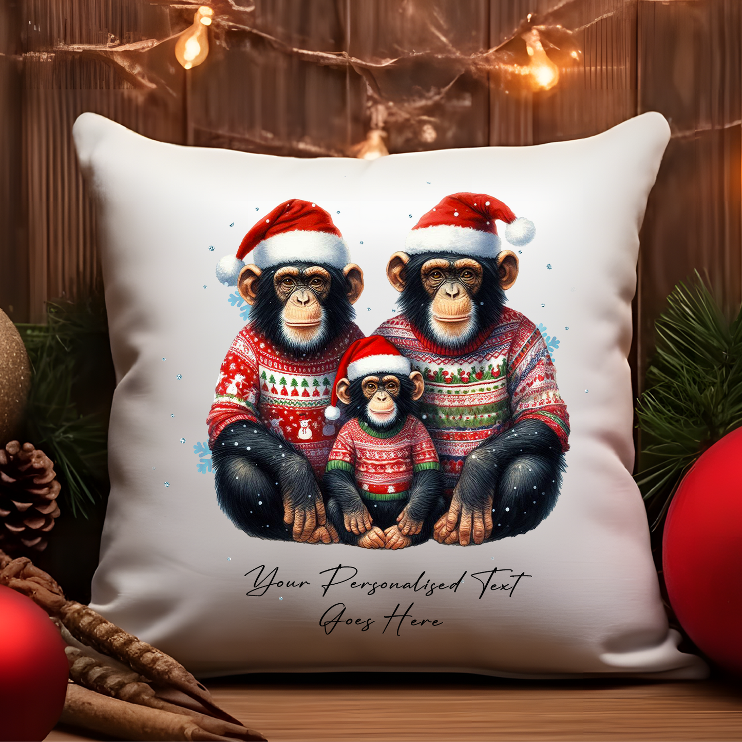 Personalised Christmas Chimpanzee Family - Cushion Cover Gift - Style A