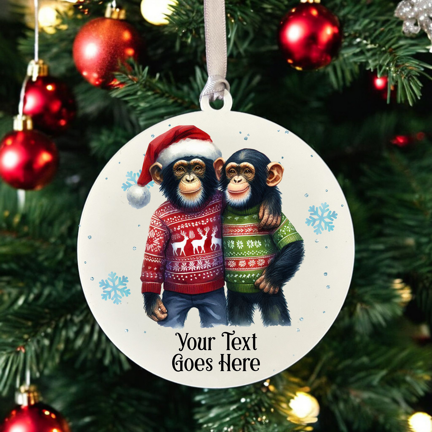 Personalised Christmas Chimpanzee Couple - Hanging Bauble Decoration - Style A