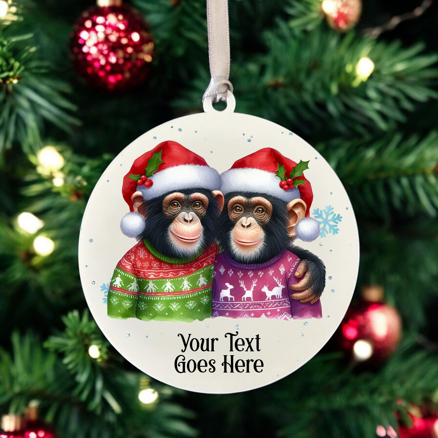 Personalised Christmas Chimpanzee Couple - Hanging Bauble Decoration - Style B