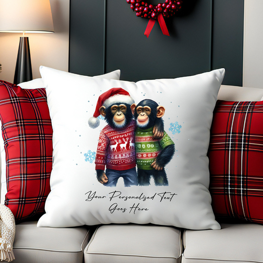 Personalised Christmas Chimpanzee Couple - Cushion Cover Gift - Style B