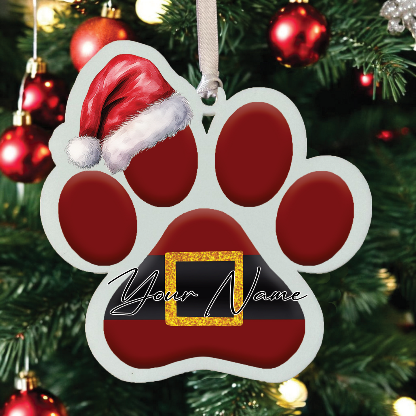 Personalised Christmas Dog Paw - Santa Theme - Hanging Bauble Decoration