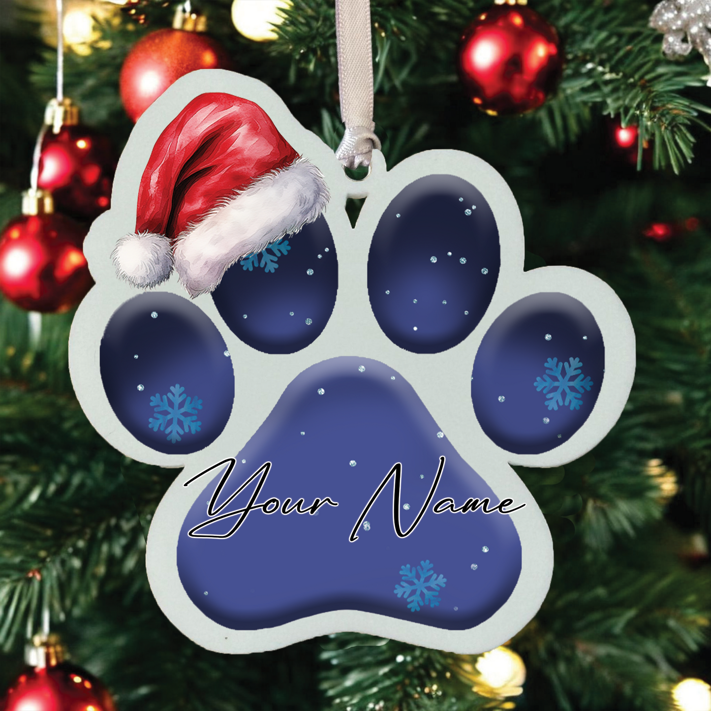 Personalised Christmas Dog Paw - Snow Theme - Hanging Bauble Decoration