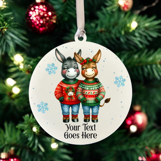 Personalised Christmas Donkey Couple - Hanging Bauble Decoration - Style A