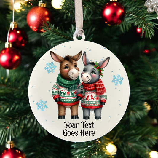 Personalised Christmas Donkey Couple - Hanging Bauble Decoration - Style B