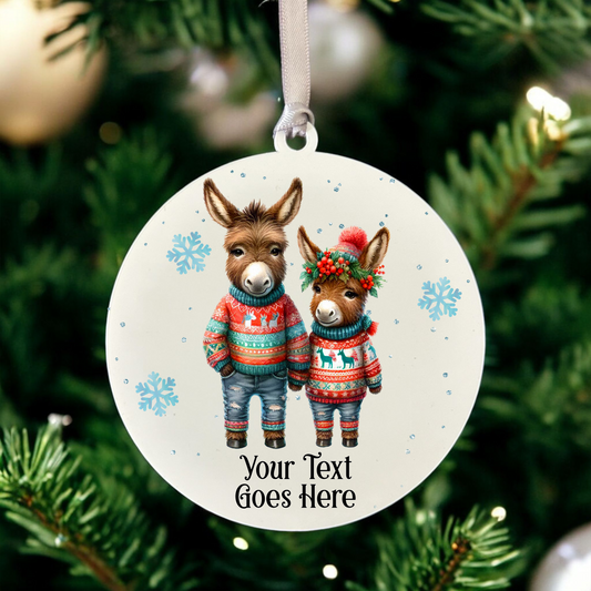 Personalised Christmas Donkey Couple - Hanging Bauble Decoration - Style C