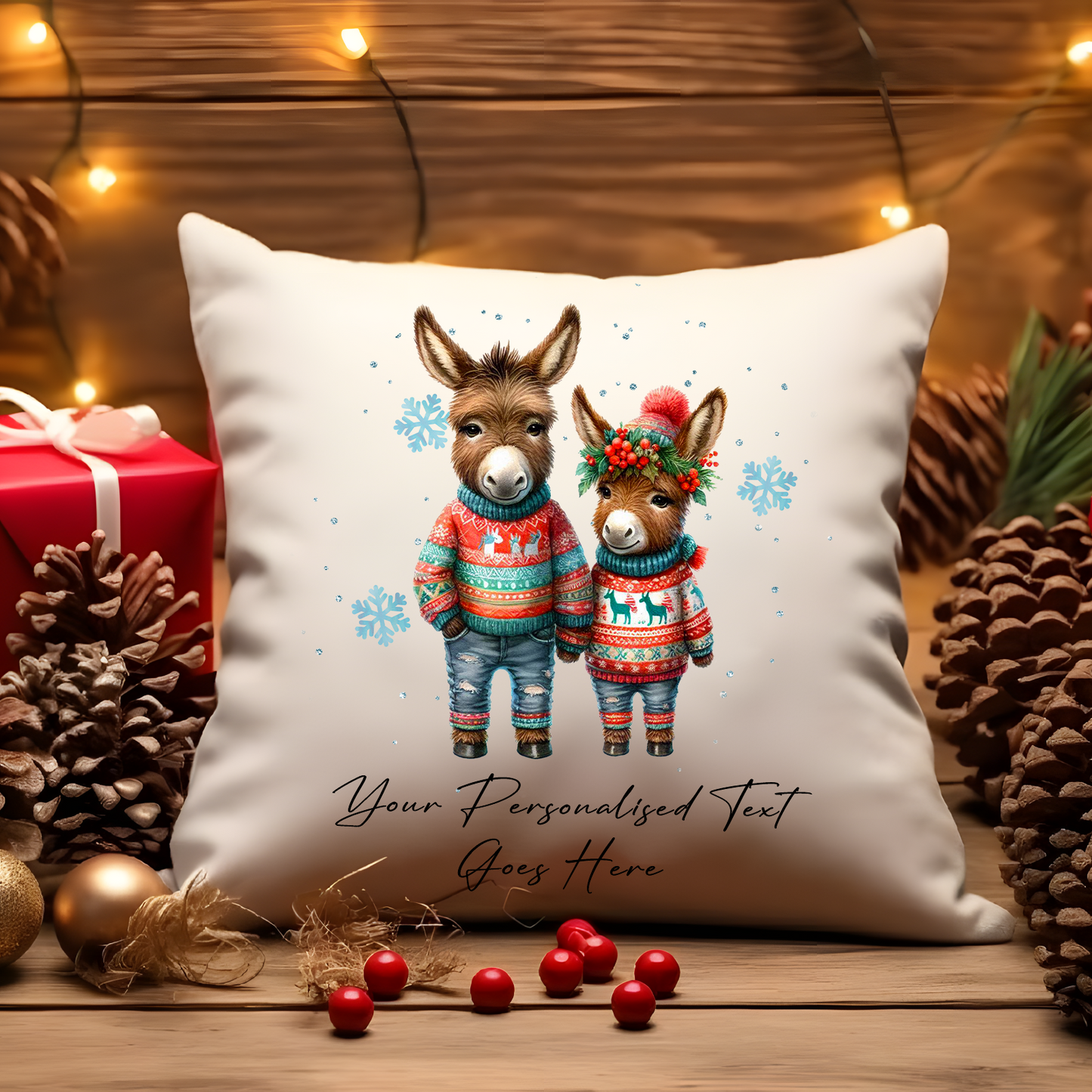 Personalised Christmas Donkey Couple - Cushion Cover Gift - Style C