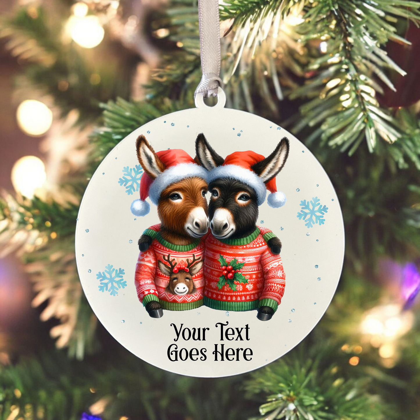 Personalised Christmas Donkey Couple - Hanging Bauble Decoration - Style D