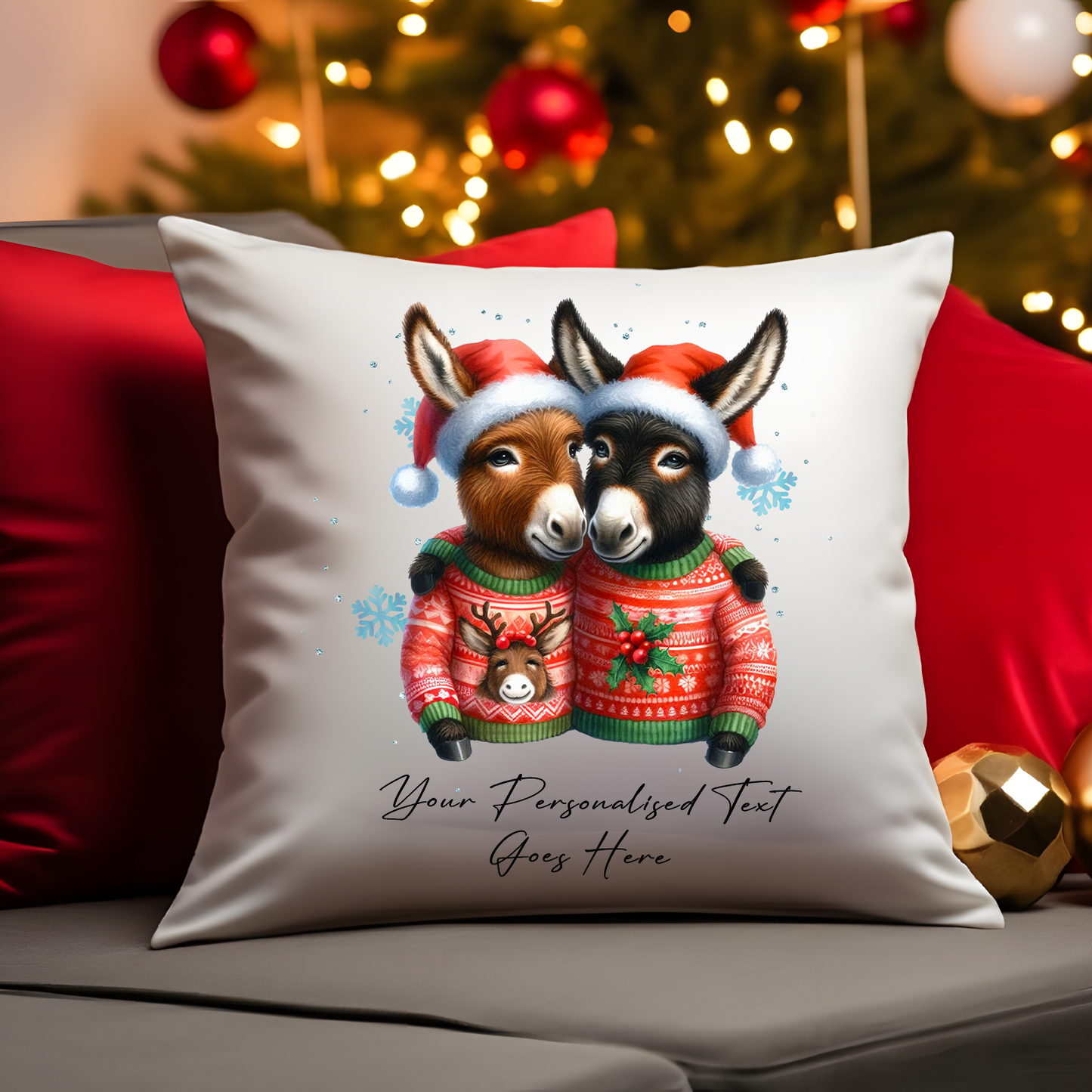 Personalised Christmas Donkey Couple - Cushion Cover Gift - Style D