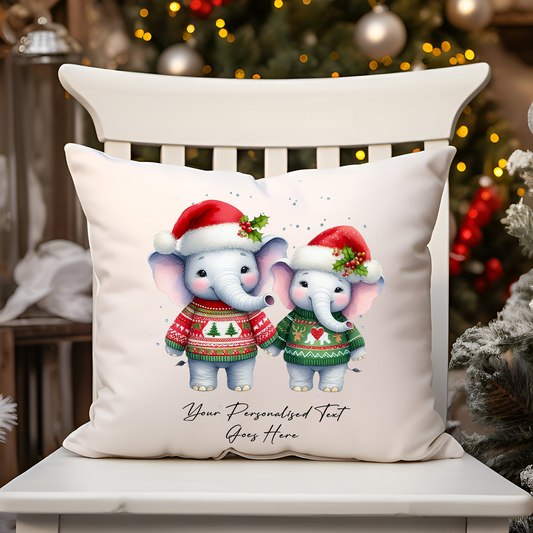 Personalised Christmas Elephant Couple - Cushion Cover Gift - Style A