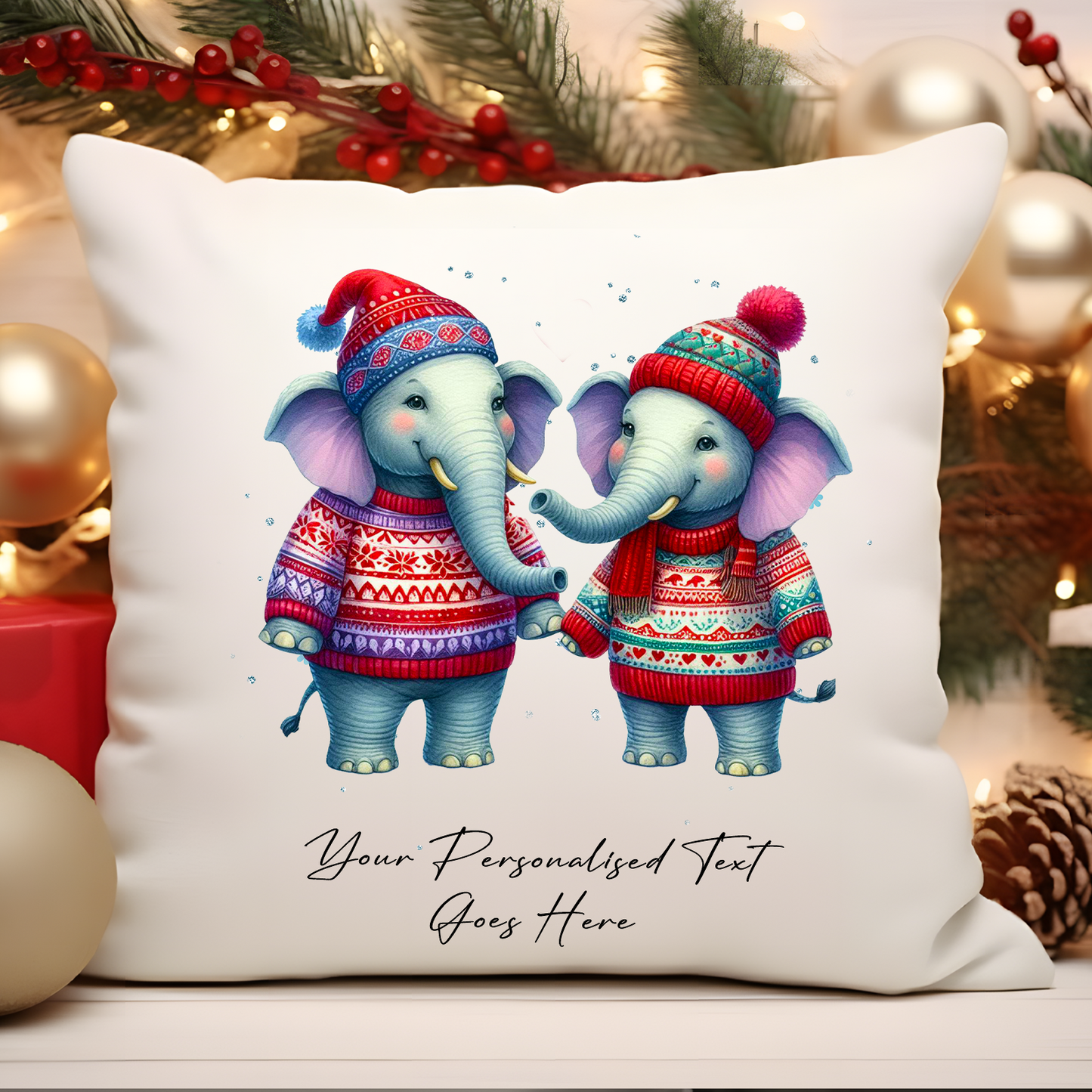 Personalised Christmas Elephant Couple - Cushion Cover Gift - Style B