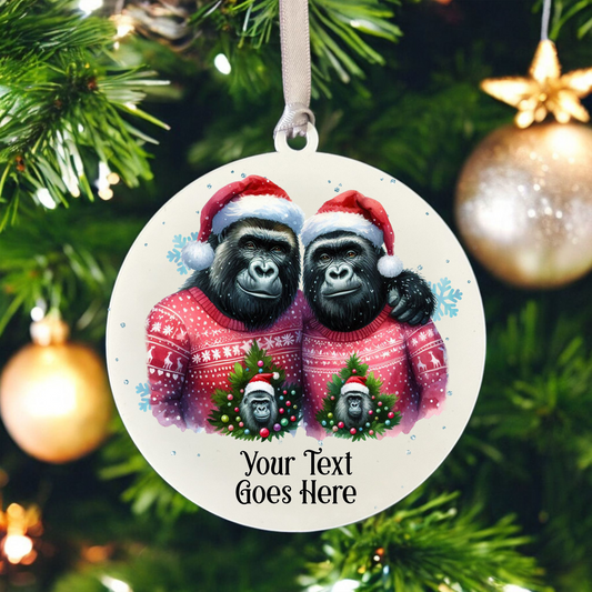 Personalised Christmas Gorilla Couple - Hanging Bauble Decoration - Style B