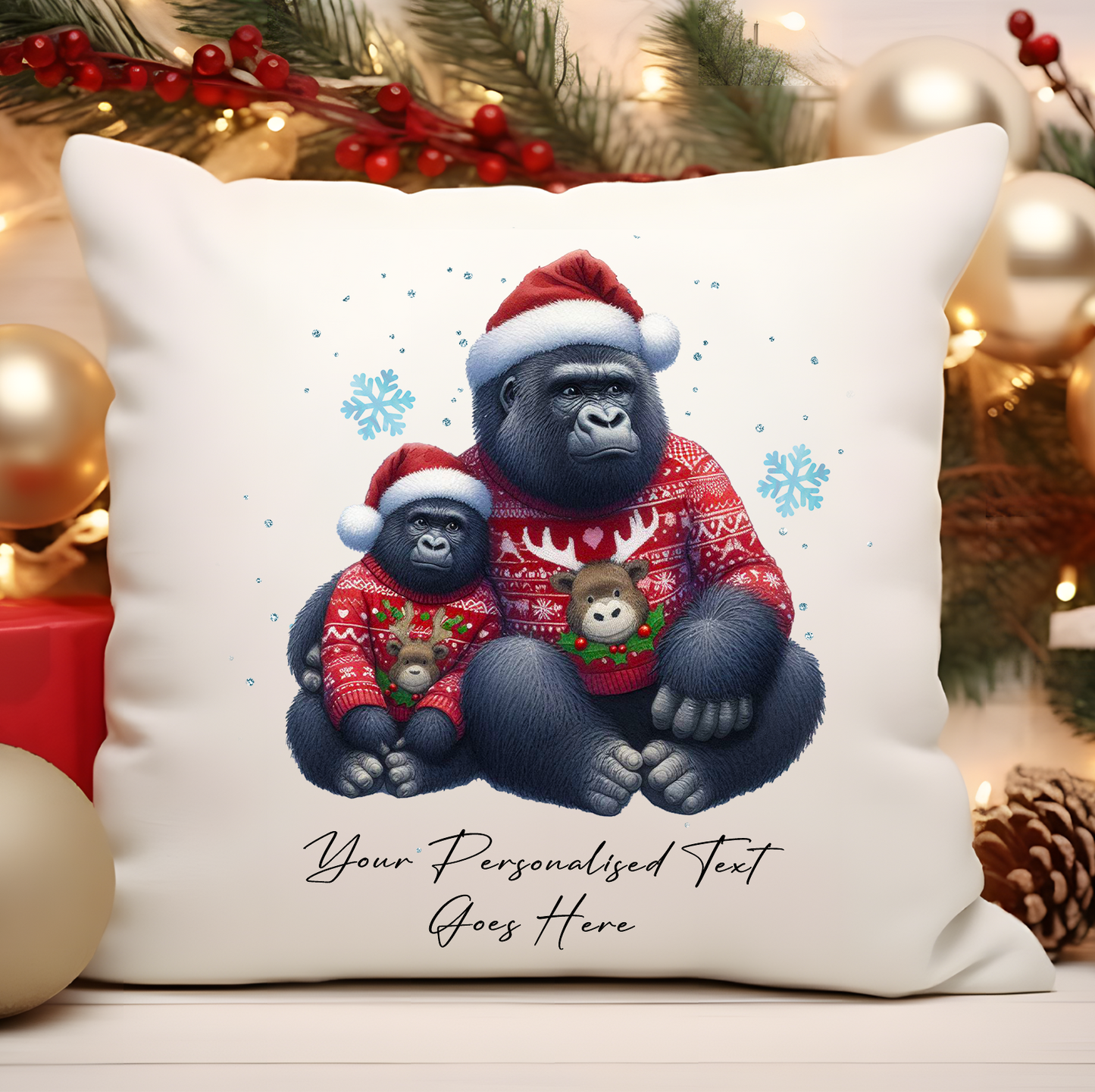 Personalised Christmas Gorilla Family - Cushion Cover Gift - Style A