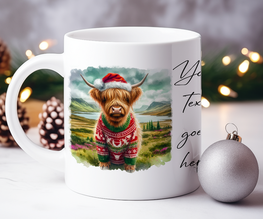 Personalised Christmas Highland Cow - Keepsake Gift Mug, by Floppsie Moppsie – floppsiemoppsie at floppsiemoppsie.co.uk