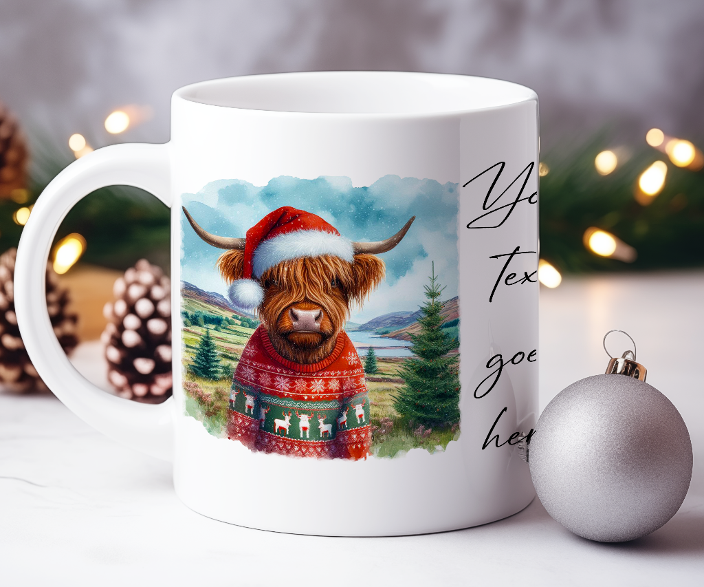 Personalised Christmas Highland Cow - Keepsake Gift Mug, by Floppsie Moppsie – floppsiemoppsie at floppsiemoppsie.co.uk