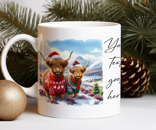 Personalised Christmas Highland Cow Couple Family - Keepsake Gift Mug, by Floppsie Moppsie – floppsiemoppsie at floppsiemoppsie.co.uk