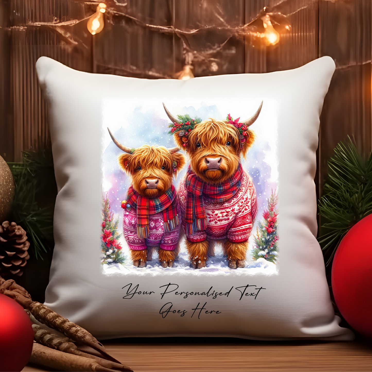 Personalised Christmas Highland Cow Couple - Cushion Cover Gift - Style A