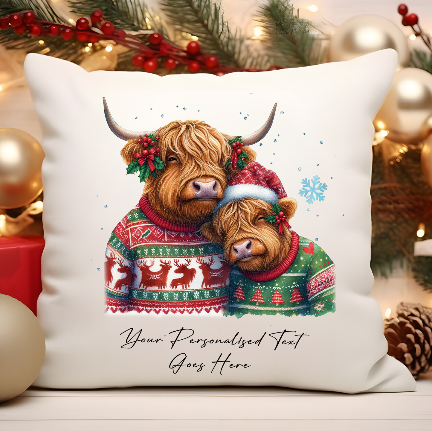 Personalised Christmas Highland Cow Couple - Cushion Cover Gift - Style B