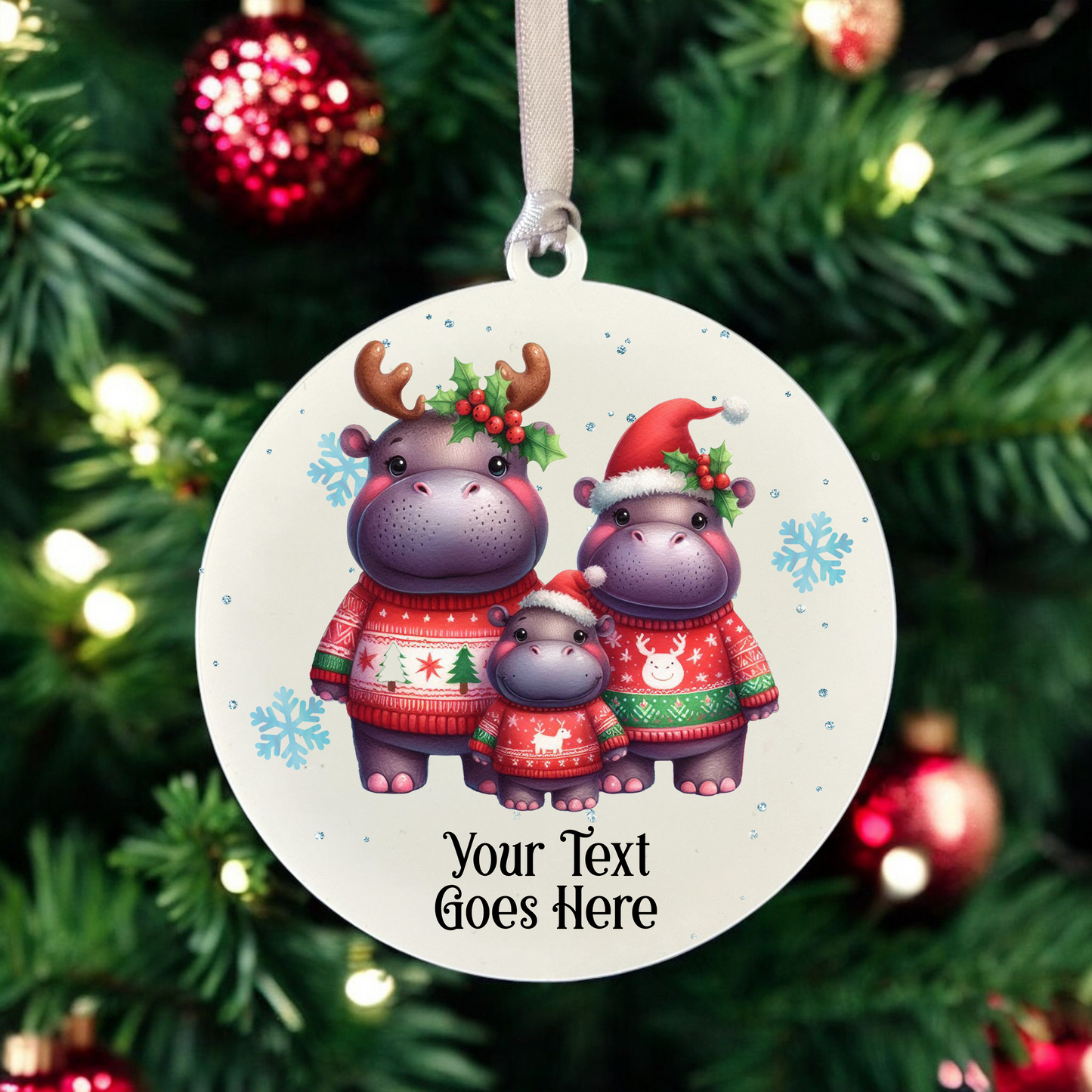 Personalised Christmas Hippo Family - Hanging Bauble Decoration - Style A