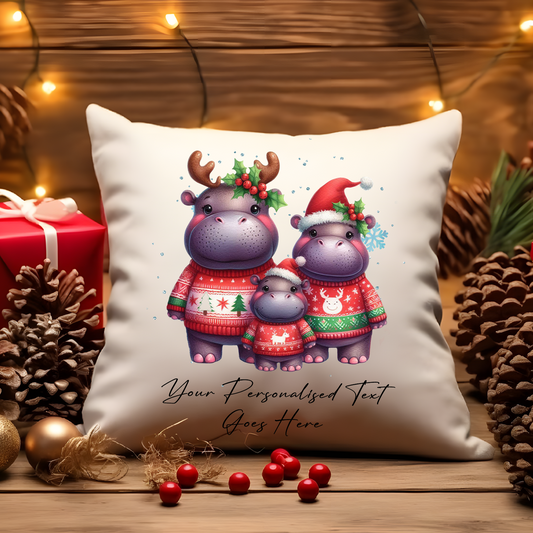 Personalised Christmas Hippo Family - Cushion Cover Gift - Style A