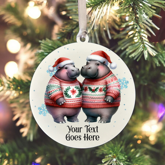 Personalised Christmas Hippo Couple - Hanging Bauble Decoration - Style A