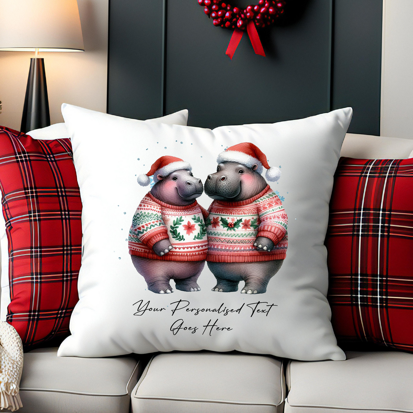 Personalised Christmas Hippo Couple - Cushion Cover Gift - Style A