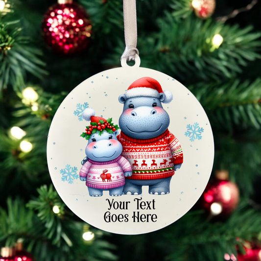 Personalised Christmas Hippo Couple - Hanging Bauble Decoration - Style B