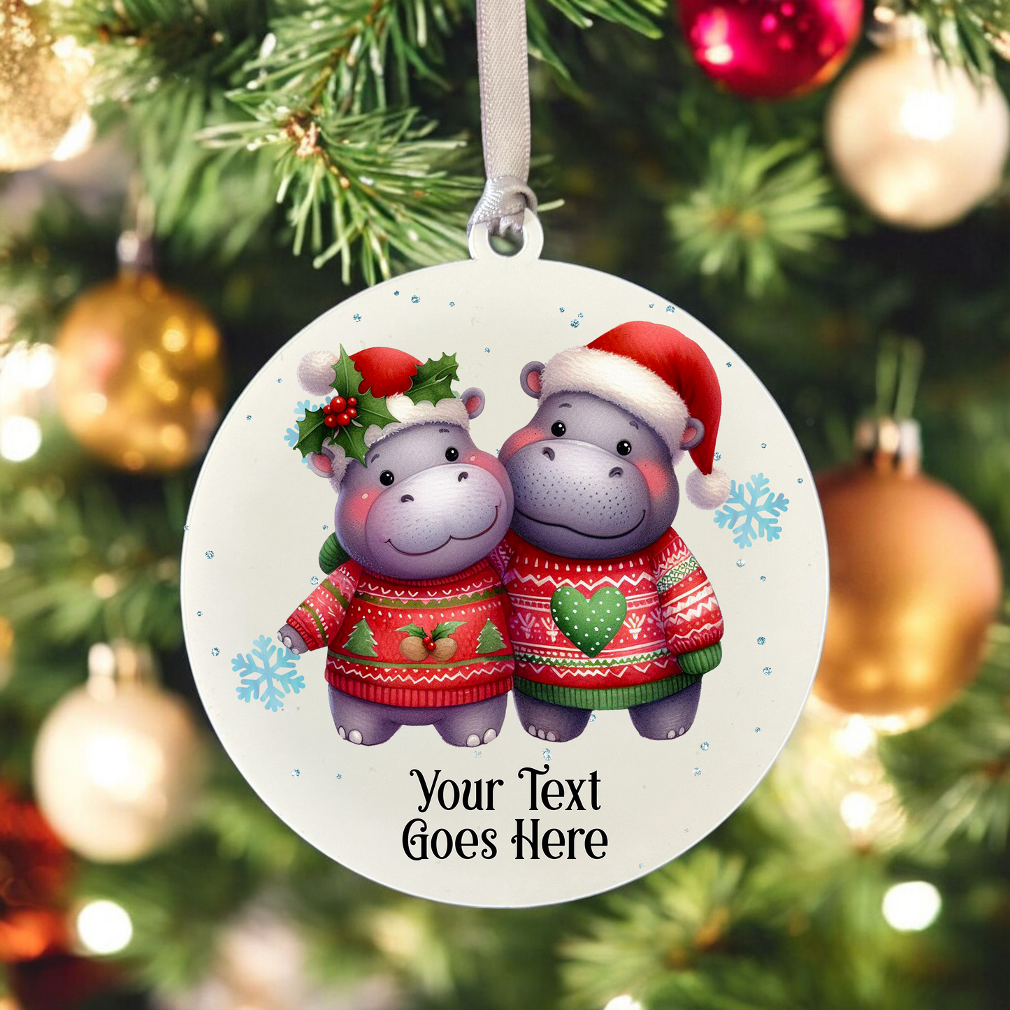 Personalised Christmas Hippo Couple - Hanging Bauble Decoration - Style C