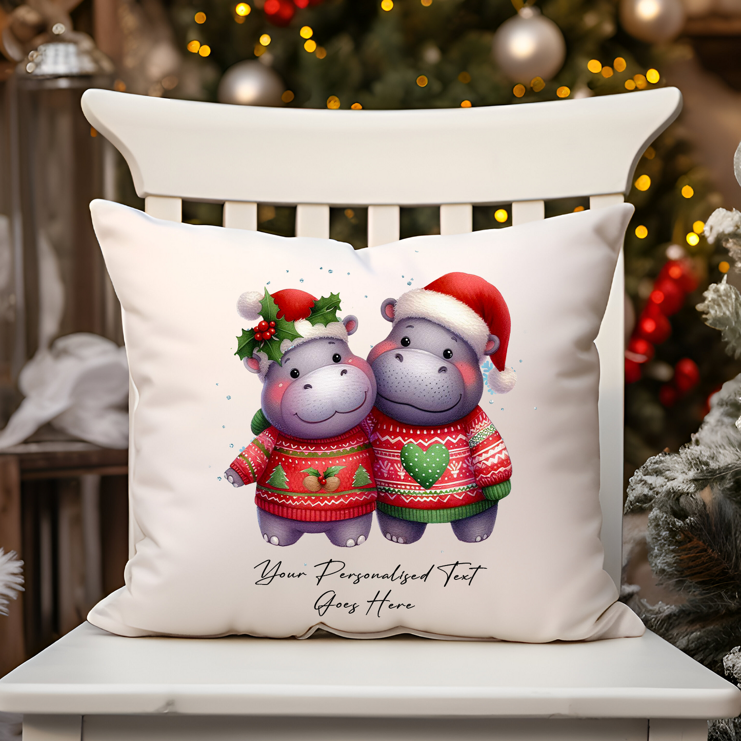 Personalised Christmas Hippo Couple - Cushion Cover Gift - Style B