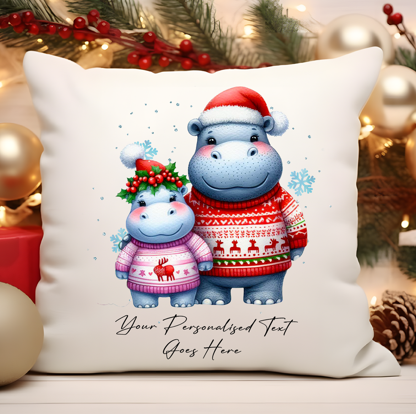 Personalised Christmas Hippo Family - Cushion Cover Gift - Style B