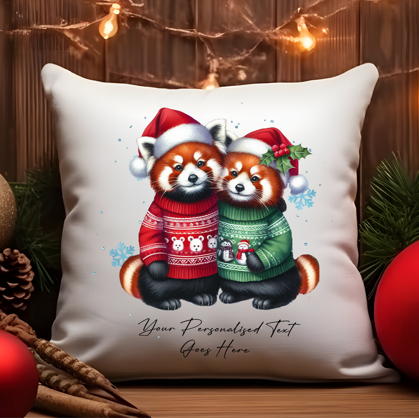 Personalised Christmas Red Panda Couple - Cushion Cover Gift - Style A