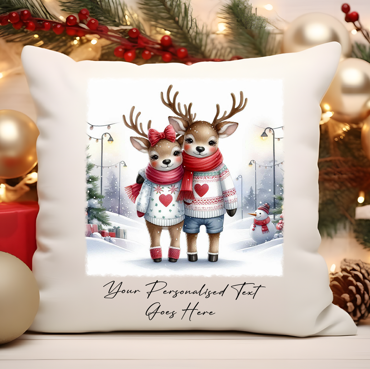 Personalised Christmas Reindeer Couple - Cushion Cover Gift - Style A