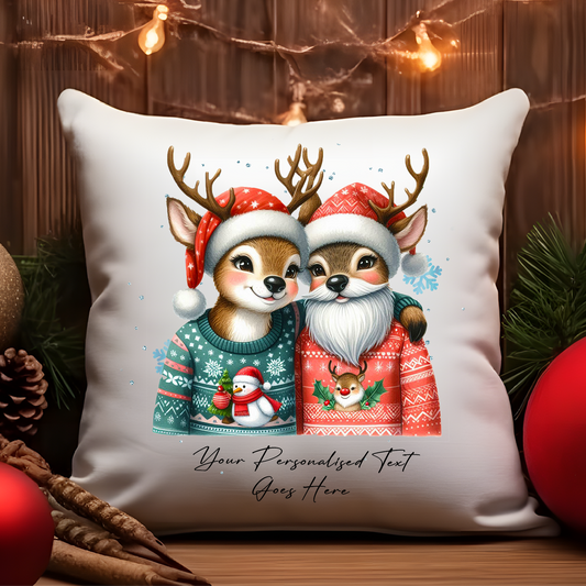 Personalised Christmas Reindeer Couple - Cushion Cover Gift - Style C