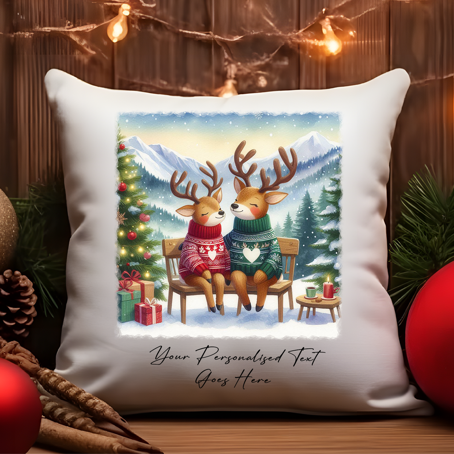 Personalised Christmas Reindeer Couple - Cushion Cover Gift - Style D