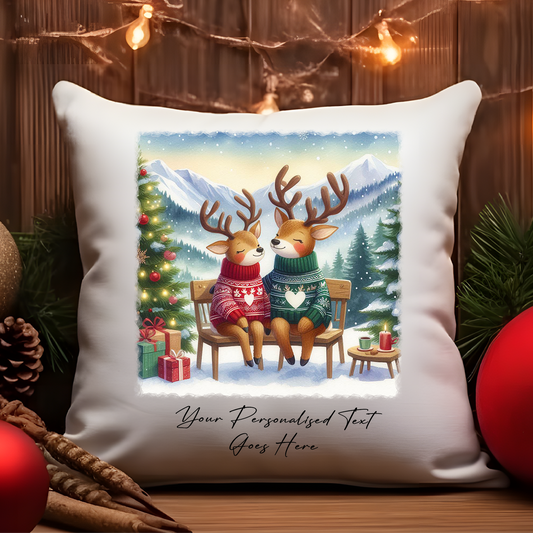 Personalised Christmas Reindeer Couple - Cushion Cover Gift - Style D