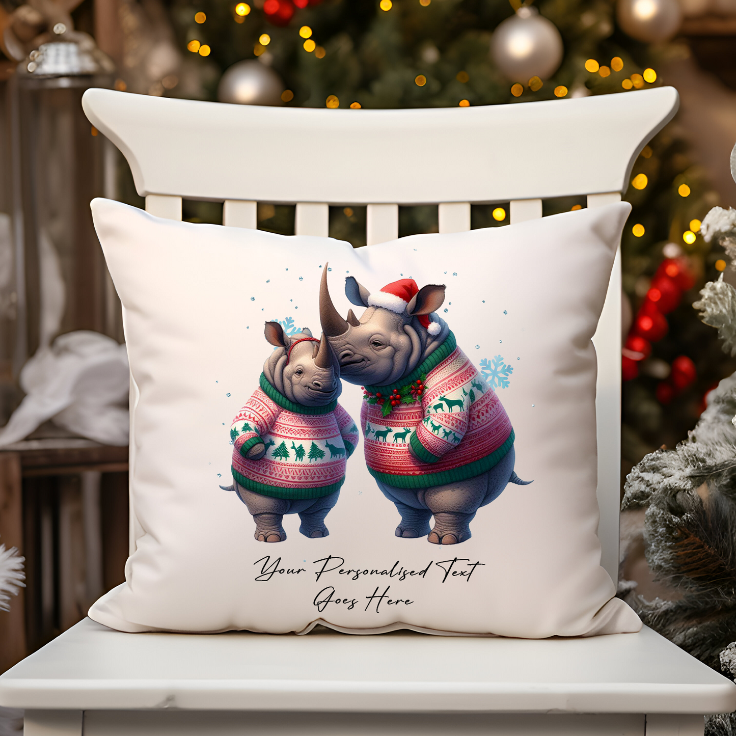 Personalised Christmas Rhino Couple - Cushion Cover Gift - Style A