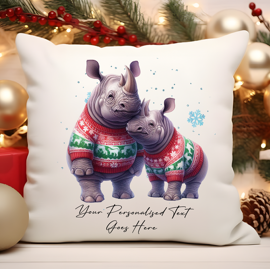 Personalised Christmas Rhino Couple - Cushion Cover Gift - Style B