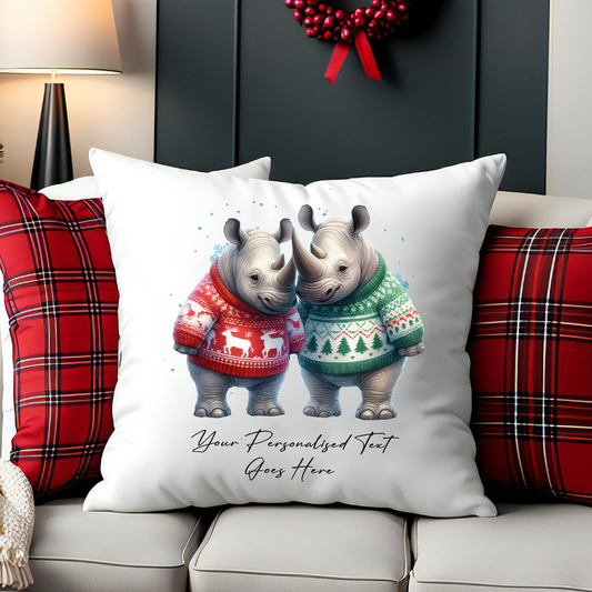 Personalised Christmas Rhino Couple - Cushion Cover Gift - Style C