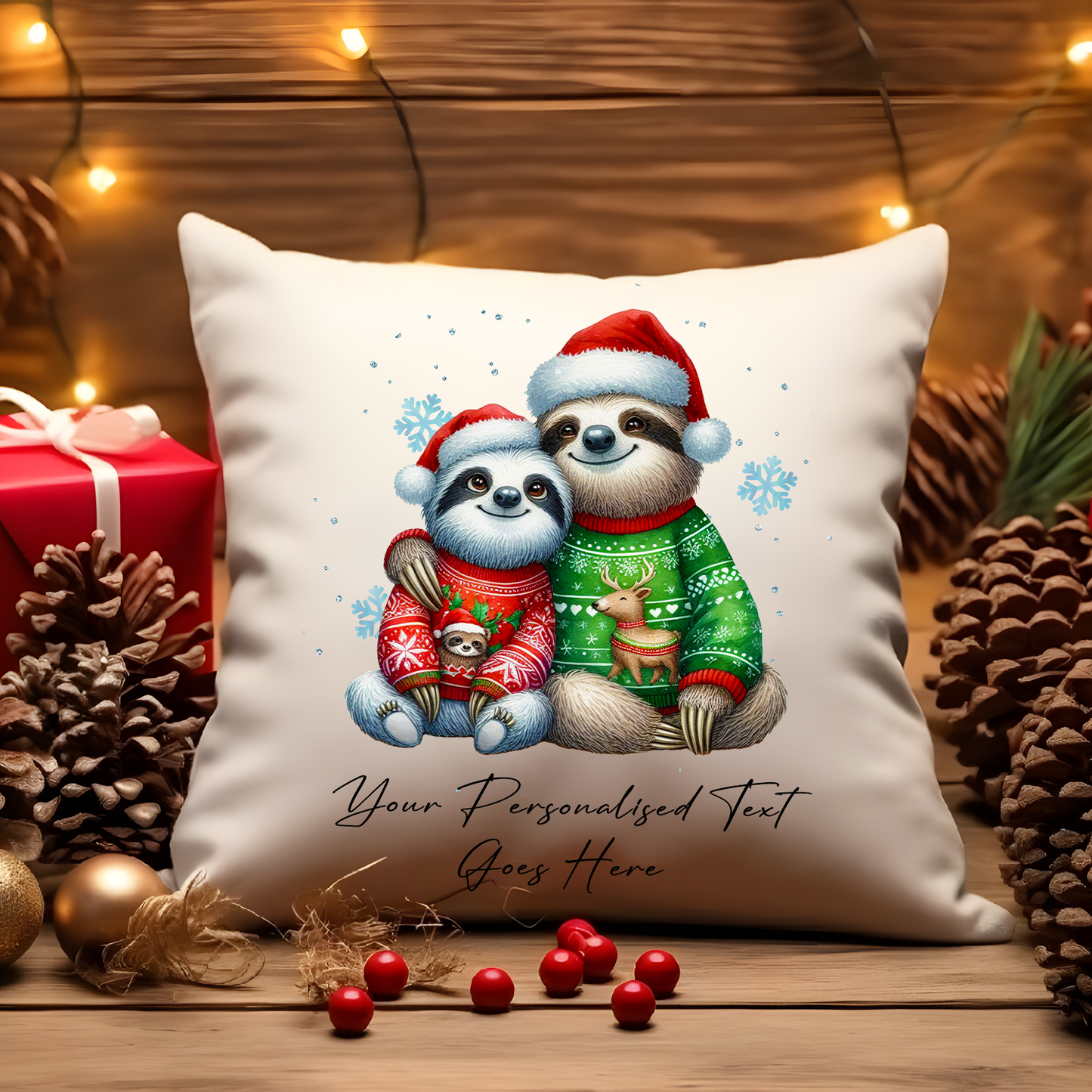 Personalised Christmas Sloth Couple - Cushion Cover Gift - Style C