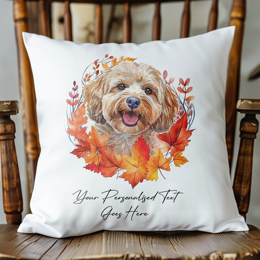 Personalised Cockapoo in an Autumn wreath - Keepsake Gift cushion, by Floppsie Moppsie – floppsiemoppsie at floppsiemoppsie.co.uk