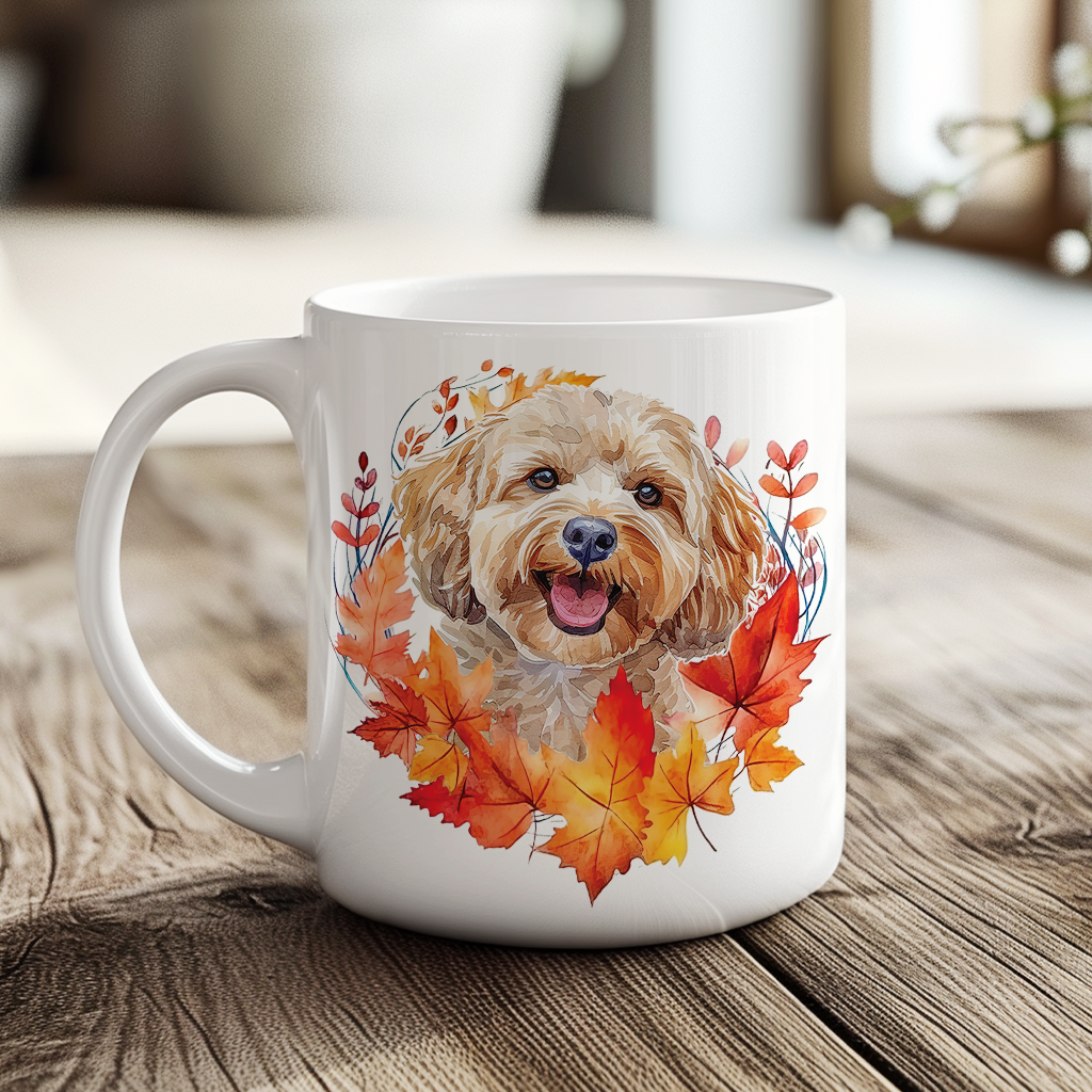 Personalised Cockapoo in an Autumn wreath - Keepsake Mug, ideal gift for Birthday and Christmas Gift, by Floppsie Moppsie – floppsiemoppsie at floppsiemoppsie.co.uk